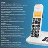 A white cordless phone and its base are shown against a blue background, with a list of product features to the left. Produktbild-Vorschau