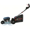 A Bosch cordless lawnmower shown from the side with an internal view of the motor and airflow. Voir les images du produit