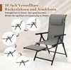 A grey folding garden chair with a headrest and footrest is shown, with smaller circular images demonstrating different reclining positions. Produktbild-Vorschau