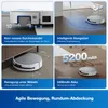 Collage of four images showcasing features of a robot vacuum cleaner. Produktbild-Vorschau