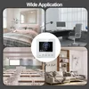 A collage of four different scenes showing the thermostat in various applications: a bedroom, an office, a classroom, and a living room, with a close-up of the thermostat in the center. Voir les images du produit