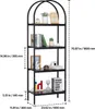 A black metal four-tier arched bookshelf with various decorative items on its shelves. Náhled obrázku produktu