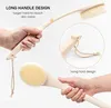 Collage of a long-handled bath brush, showing close-ups of the handle and brush head, with hands demonstrating its use and a hanging loop. Produktbild-Vorschau