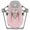 A top-down view of a pink baby bouncer with a gray frame and a patterned harness. Produktbild-Vorschau