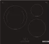 A top-down view of a black induction cooktop with three heating elements. Voir les images du produit