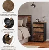 A bedside table with drawers next to a bed, with illustrative callouts highlighting product features. Produktbild-Vorschau