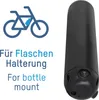A black e-bike battery pack is shown next to a graphic of a bicycle with a water bottle holder, and text in German and English indicating it is for a bottle mount. Produktbild-Vorschau