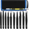 A set of precision tweezers and a tool are laid out in front of a black carrying case with blue trim. Produktbild-Vorschau