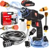 A collage of a cordless pressure washer kit and its accessories, with water splashes to emphasize its function. Náhled obrázku produktu