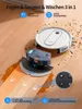 A robotic vacuum cleaner is shown on a wooden floor, with its cleaning components disassembled and displayed separately. The image highlights its 3-in-1 cleaning function, water tank, and dustbin capacity. Produktbild-Vorschau
