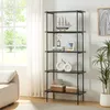 A black metal bookshelf with five shelves is displayed in a well-lit room with a large window and a sofa. Podgląd zdjęcia produktu