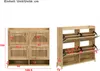 Two views of a wooden shoe cabinet with dimensions indicated by red lines and numbers. Voir les images du produit