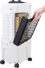 A hand is shown removing a black grate from a white air cooler, revealing the cooling pads inside. Produktbild-Vorschau