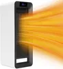 A white and black electric heater is shown emitting orange heat waves. Voir les images du produit