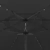 The underside of a black umbrella with its metal frame and LED lights visible. Produktbild-Vorschau