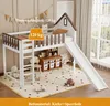 A child's loft bed with a slide and a play area underneath, set in a room with toys and decorations. Produktbild-Vorschau