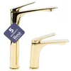 Two gold faucets are shown against a white background. One faucet is taller and has a warranty tag attached. Produktbild-Vorschau