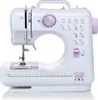 A white and purple electric sewing machine is shown from the front. Produktbild-Vorschau