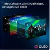 Multiple layered screens showing different image qualities, with text describing the benefits of OLED technology. Produktbild-Vorschau