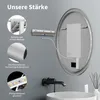 A bathroom mirror with integrated lighting is shown, with close-ups highlighting its features and mounting system. Voir les images du produit