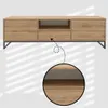 A modern TV stand with a wood-grain finish and black metal legs, shown against a white background with striped shadows. Produktbild-Vorschau