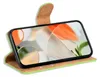 A book-style phone case with a lime green exterior and a brown interior, displaying a smartphone screen with an abstract wallpaper. Produktbild-Vorschau