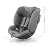 A gray child car seat with dimensions indicated by lines and text. Voir les images du produit