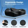 A black ergonomic seat cushion is shown on a light blue chair base, with dimensions and feature callouts. Produktbild-Vorschau