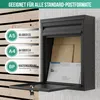 A black mailbox mounted on a brick wall, with informational graphics on the left. Produktbild-Vorschau