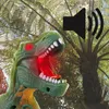 A close-up of a toy dinosaur with its mouth open, set against a backdrop of lush green foliage and trees. A speaker icon is overlaid on the right side of the image. Produktbild-Vorschau