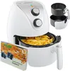 A white air fryer with a basket full of french fries, a recipe book, and an extra basket are displayed against a white background. Produktbild-Vorschau