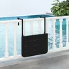 A black table attached to a white balcony railing overlooking a swimming pool. Náhled obrázku produktu