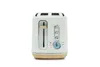A white two-slice toaster with wood accents is shown against a white background. Produktbild-Vorschau
