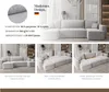 Collage of images showing a modern light grey sectional sofa with different configurations and close-ups of its fabric and features. Náhled obrázku produktu