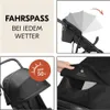 A collage of four images showing different aspects of a stroller, including text about its features, a close-up of the canopy, and a detail of the UPF 50+ sun protection. Produktbild-Vorschau