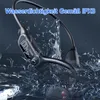 A pair of black and gray bone conduction headphones submerged in water, with water splashing around them. The headphones have a digital display showing '100%'. Produktbild-Vorschau