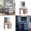 A collage of images showing a modern vanity table with a mirror and drawers, displayed in different settings and lighting. Náhled obrázku produktu