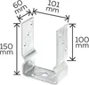 A metal U-shaped post bracket with dimensions indicated by measurement lines and text. Produktbild-Vorschau