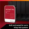A Western Digital Red Plus NAS HDD is shown in front of a black NAS enclosure. Text below the image advertises its suitability for 8-bay NAS systems. Produktbild-Vorschau