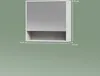 A white cabinet with mirrored doors and an open shelf below, shown with dimensions indicated by lines and text. Produktbild-Vorschau