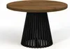 A round dining table with a wooden top and a black, conical base made of vertical slats. Podgląd zdjęcia produktu