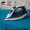 An iron is shown on a blue fabric, with marketing icons and text above. Produktbild-Vorschau