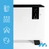 A white electric heater with a black control panel is shown on the right, with four icons on a blue background on the left. Voir les images du produit