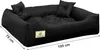 A black dog bed with two small pillows on a white background, with dimensions indicated. Anteprima dell’immagine prodotto