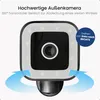 A close-up marketing image of a black and white outdoor security camera with a ring of lights around the lens. Produktbild-Vorschau