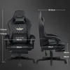 Two views of a black gaming chair with dimensions indicated by lines and text. Anteprima dell’immagine prodotto