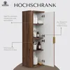 A tall, narrow cabinet with its door open, displaying shelves with various bathroom items. Text overlays describe its features and benefits. Produktbild-Vorschau
