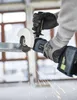 A person wearing gloves is using a Festool angle grinder to cut a metal profile, with sparks flying. Produktbild-Vorschau