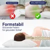 A split image showing a comparison of a standard pillow versus a Zollner pillow, with a diagram illustrating spinal alignment. The bottom half shows a close-up of a head on a pillow with a spinal diagram. Produktbild-Vorschau