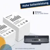 A toner cartridge is shown next to stacks of paper with charts and graphs, implying high page yield. Produktbild-Vorschau